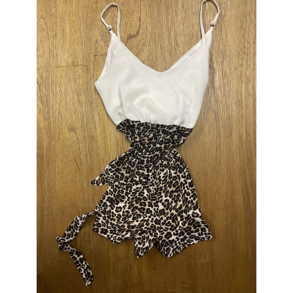 Lily Rose White Cheetah Striped Spaghetti Strap Romper Dress with belt Small